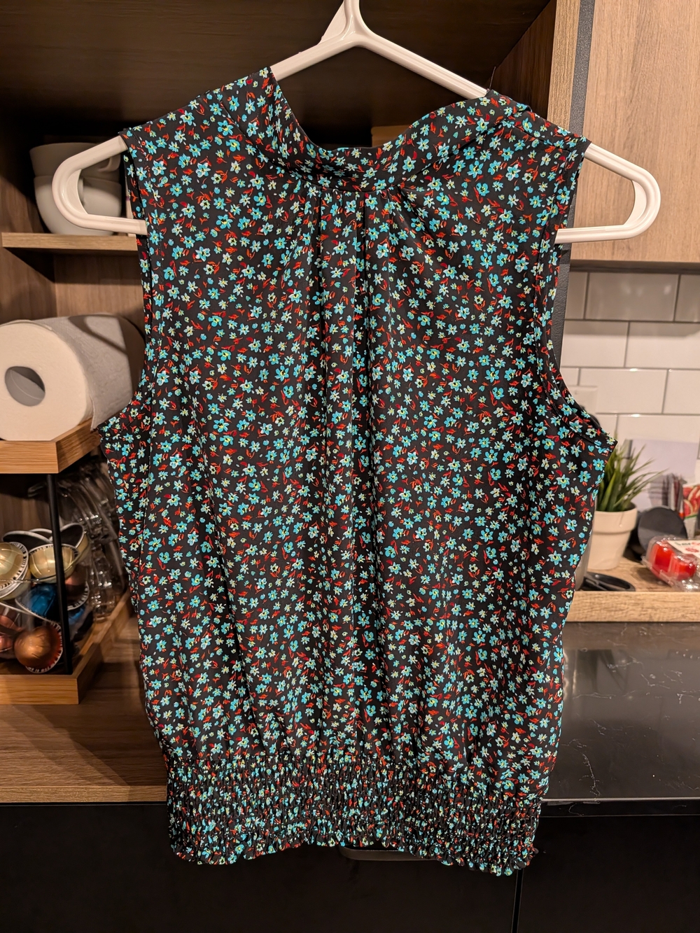 Sleeveless Floral Smocked-Hem Top - Teal & Brown